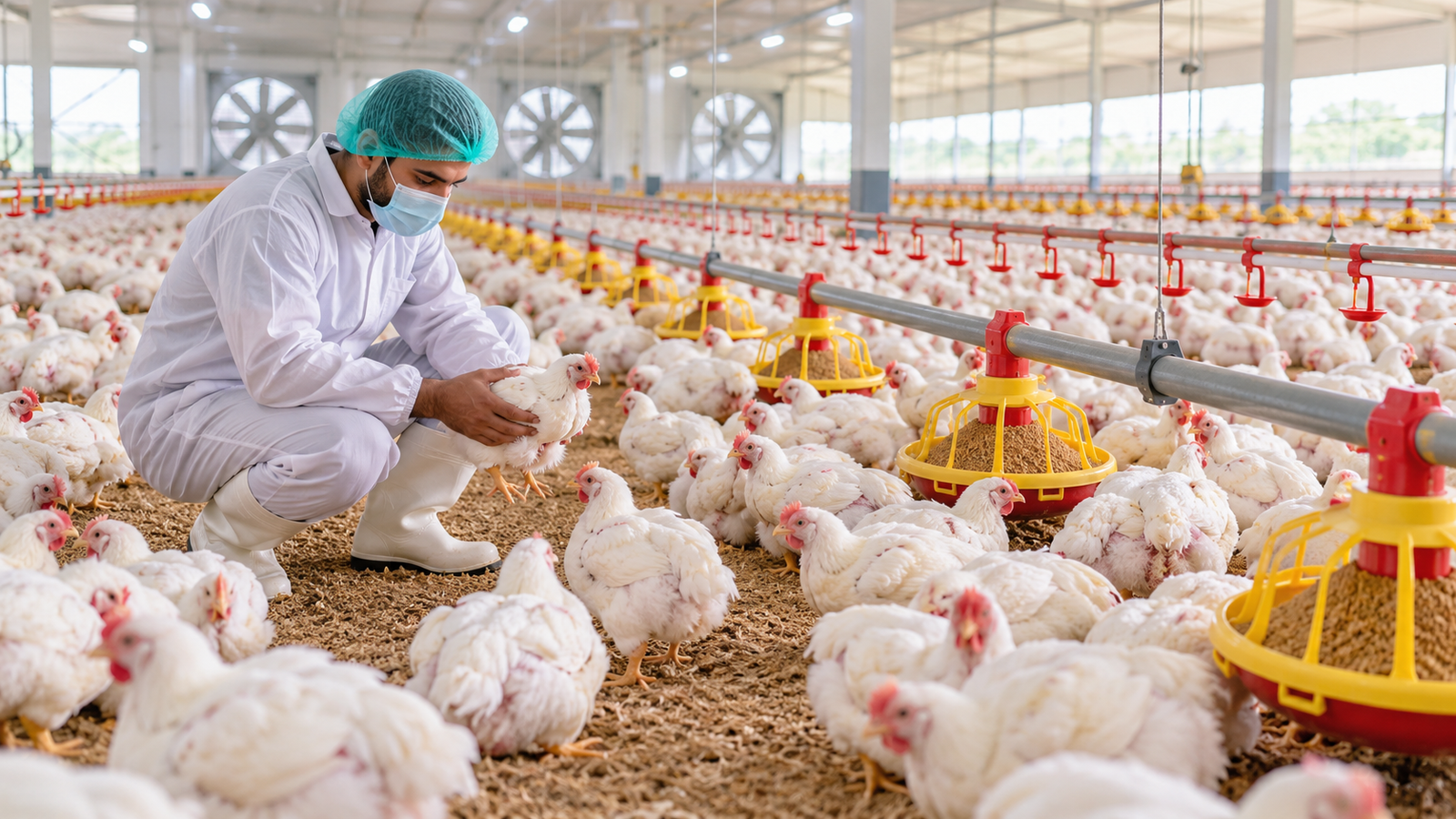 Inspecting Chickens in a Modern Poultry House